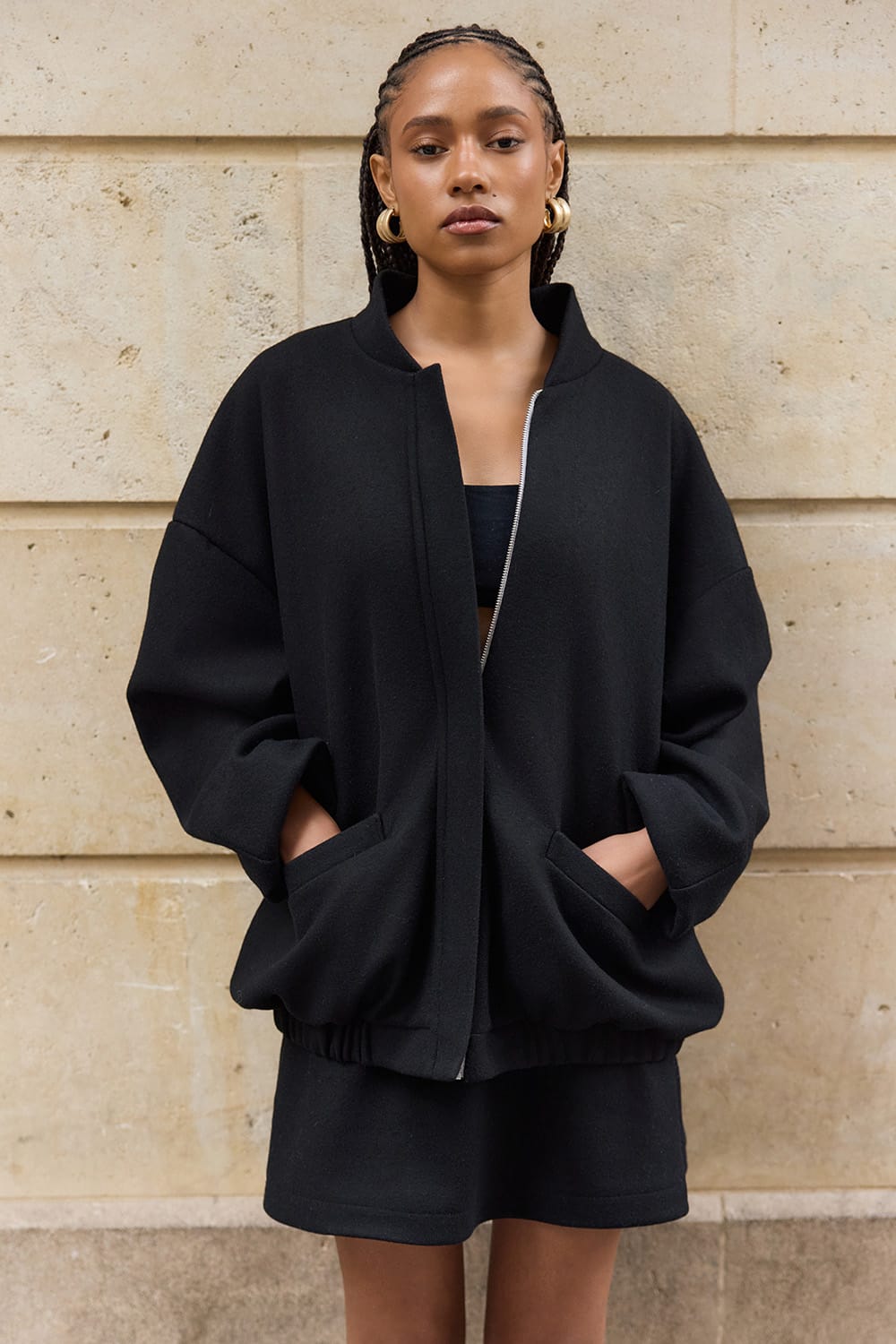 Lina Virgin Wool Bomber Jacet Black